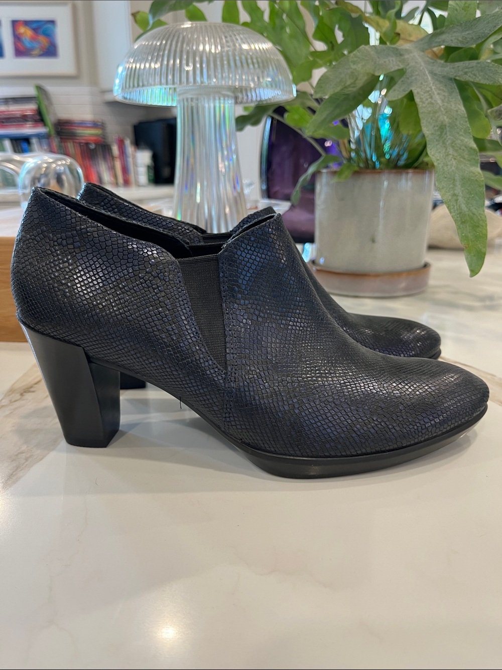 Ecco Women’s Plateau Stacked Black Textured Leather 3” Block-Heel Ankle Booties